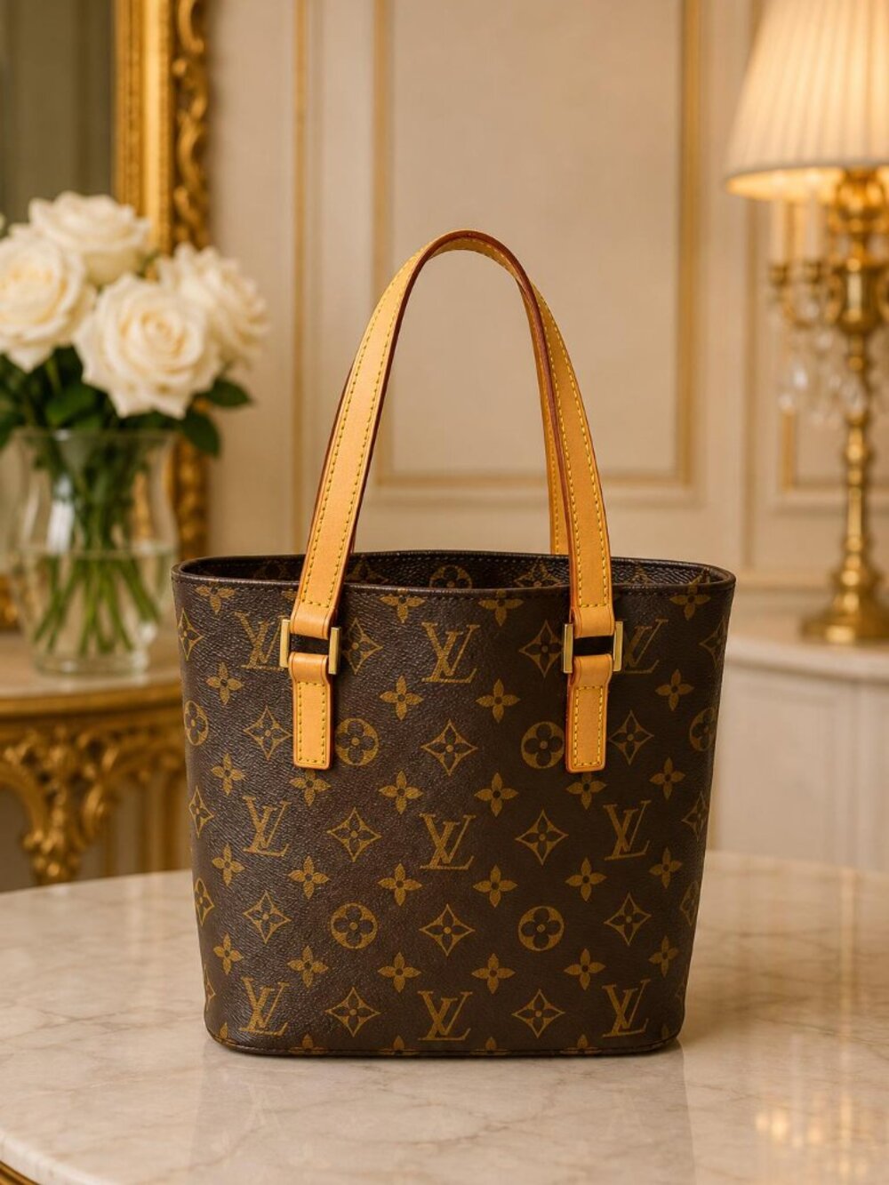 Louis Vuitton Brown Monogram Canvas Tote with Tan Leather Straps